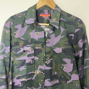 Vilagallo Button Up Long Sleeve Shirt Green Purple Camo Bugs Women’s 36 / US 4